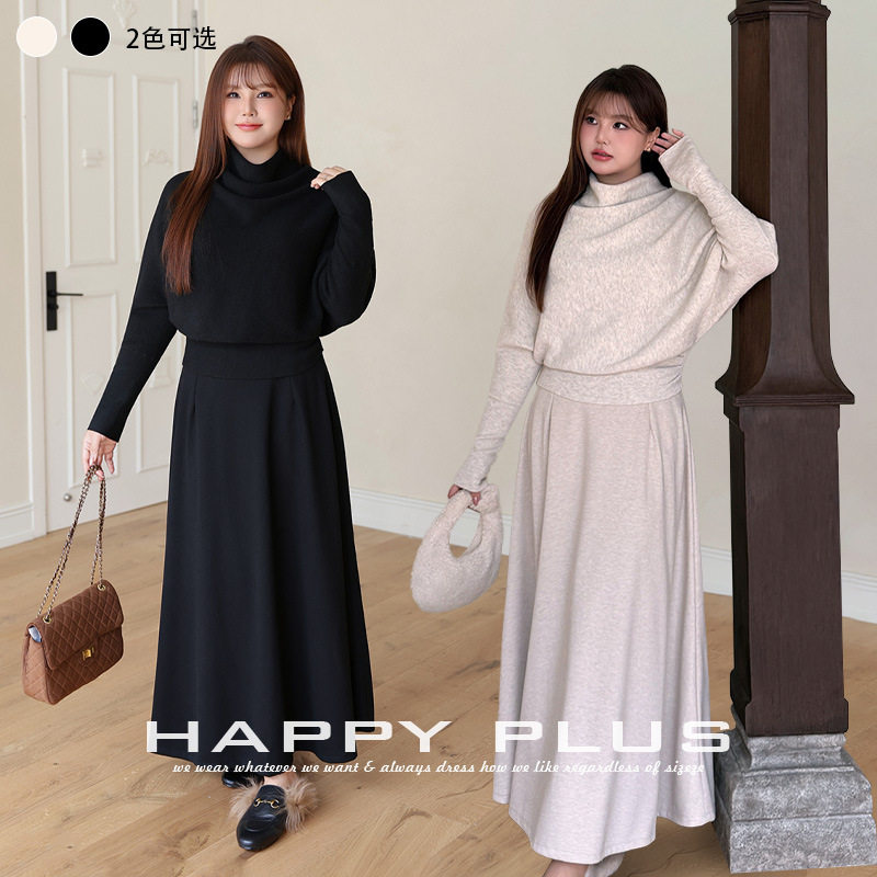 happyhut加肥加大码女装200斤胖mm套装法式堆堆领收腰蝙蝠袖毛衣