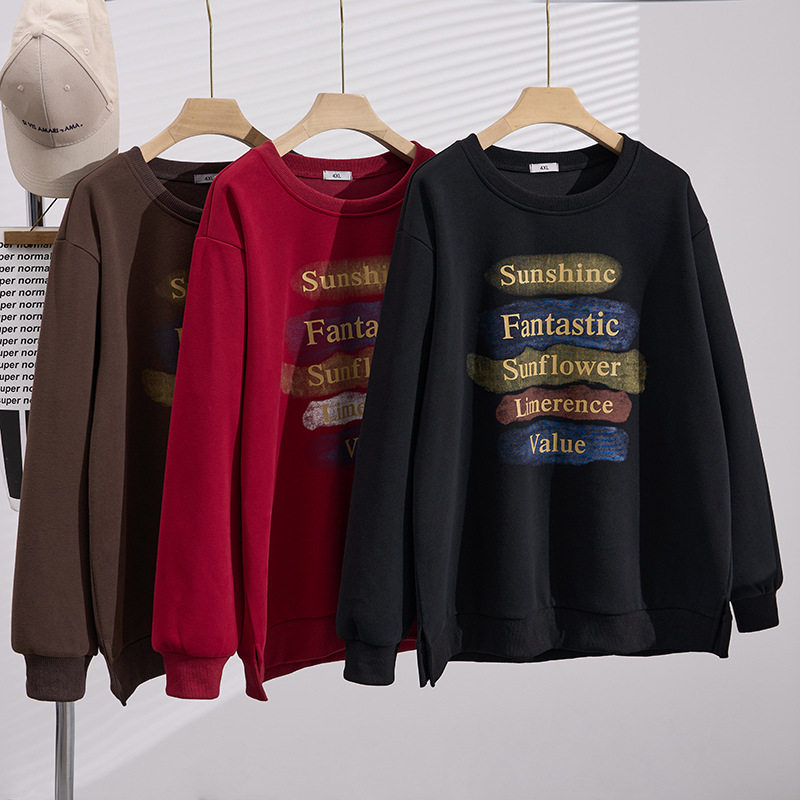 加肥加大码女装200-260斤胖mm冬加绒圆领韩显瘦宽松卫衣长袖上衣