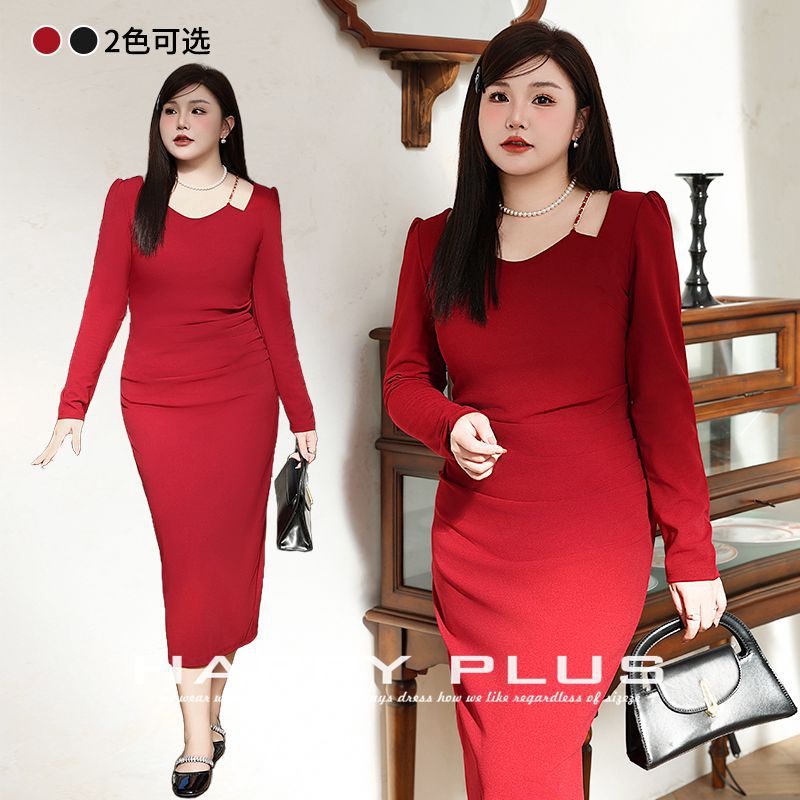 happyhut加肥加大码女装200斤胖mm方领连衣裙订婚礼服修身连衣裙