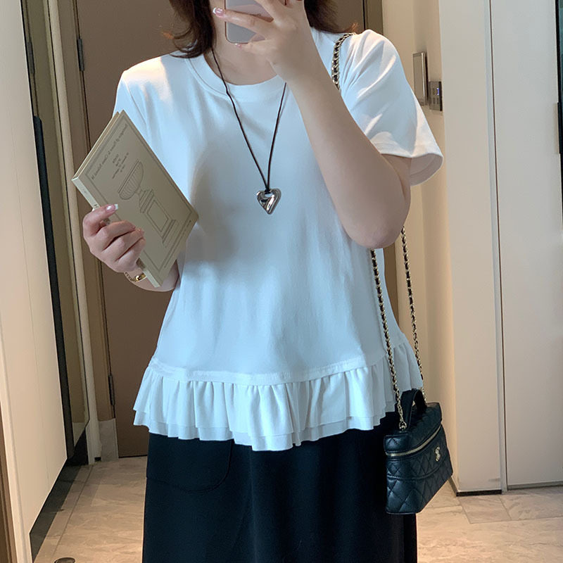 加肥加大200斤大码女装微胖胖mm夏季荷叶边拼接短袖圆领T恤衫上衣