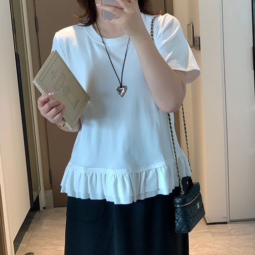 加肥加大200斤大码女装微胖胖mm夏季荷叶边拼接短袖圆领T恤衫上衣