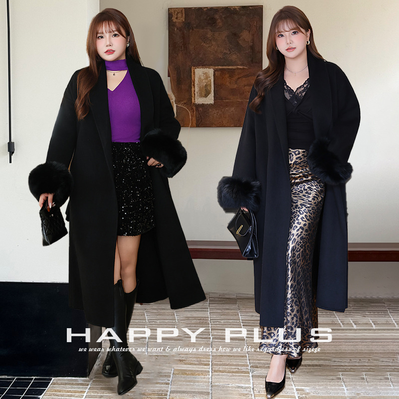 happyhut加肥加大码女装200斤胖mm冬长款羊毛双面呢复古大衣外套
