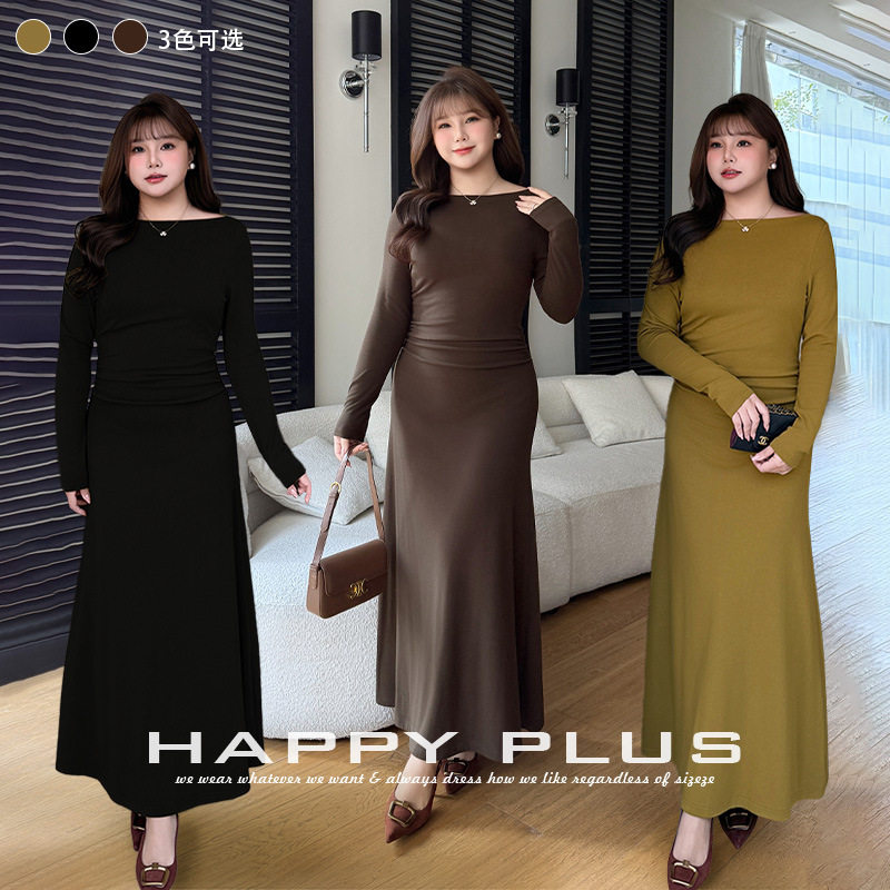 happyhut加肥加大码女装200斤胖mm一字领捏褶收腰A摆针织连衣裙