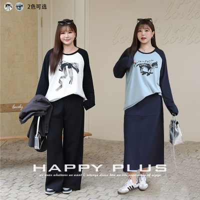 Happyhut加肥加大码女装200斤胖mmINS手绘风轻复古插肩长袖T恤衫