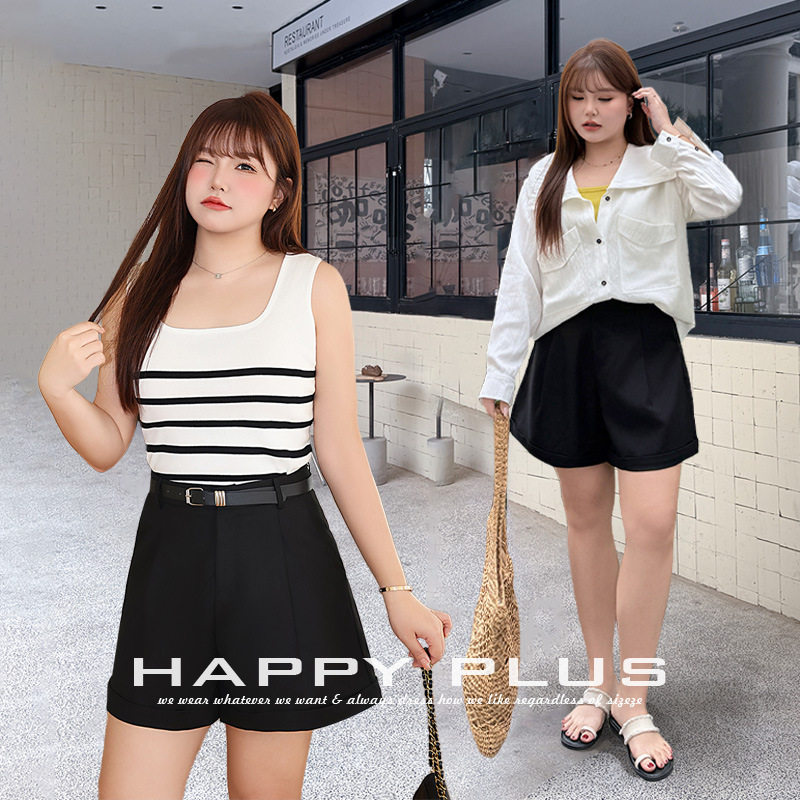 happyhut加肥加大码女装200斤胖mm夏高腰卷边A字西装短裤西装短裤