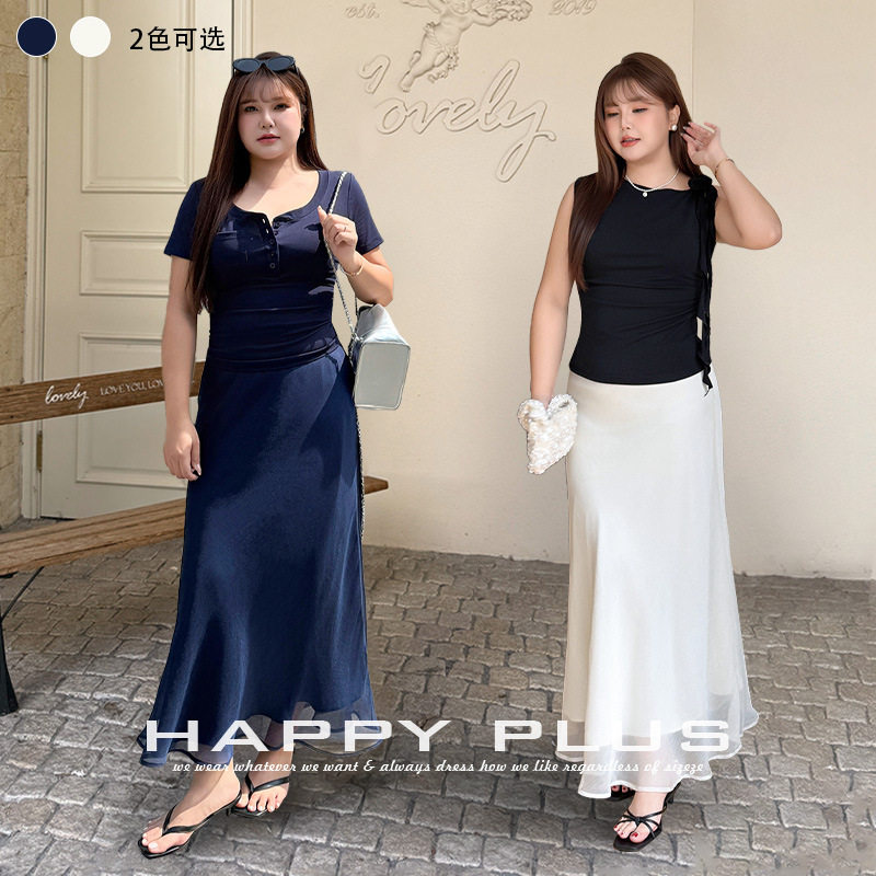 happyhut加肥加大码女装200斤胖mm夏修身半身长裙斜裁鱼尾半身裙