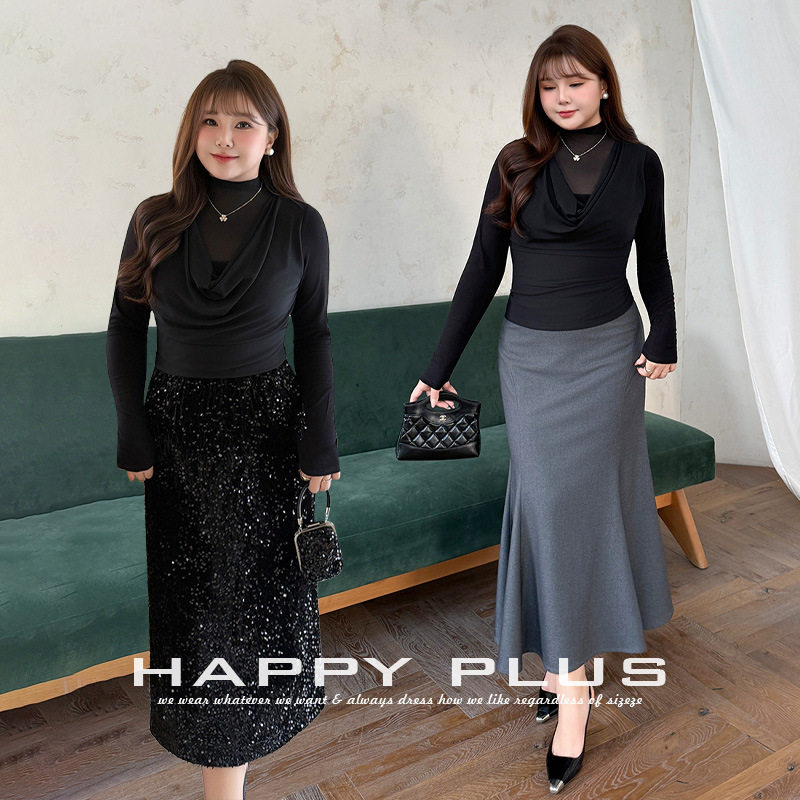 happyhut加肥加大码女装200斤胖mm轻熟网纱荡领收腰长袖打底上衣