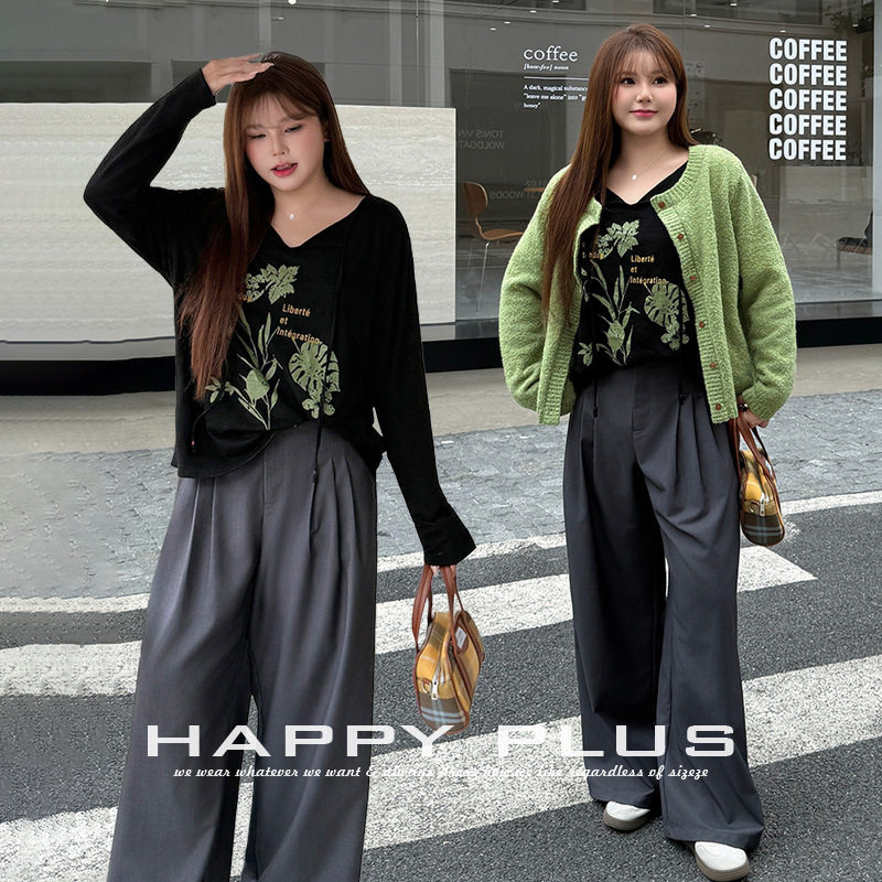 happyhut加肥加大码女装200斤胖mm秋文艺通勤T恤衫外套长裤子套装