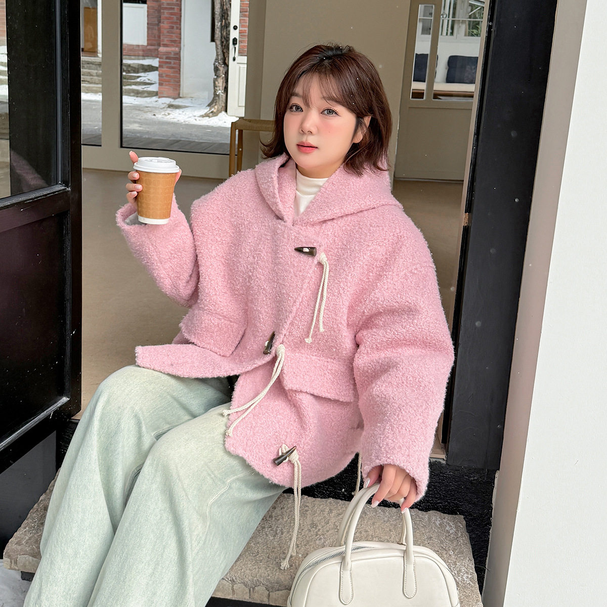 加肥加大大码女装200斤胖mm秋冬休闲款毛呢外套连帽短款外套上衣