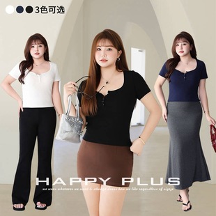 加肥加大码女装200斤胖mm夏半门襟修身短袖夏修身短袖BM风T恤上衣