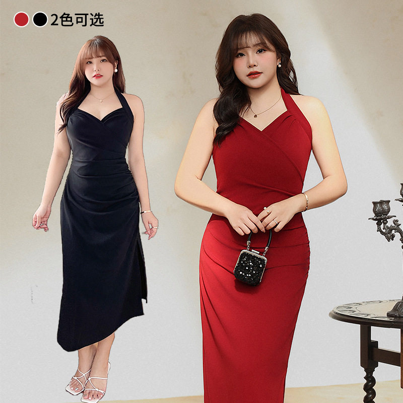 happyhut品牌加肥加大码女装200斤胖mm吊带V领性感吊带群长连衣裙
