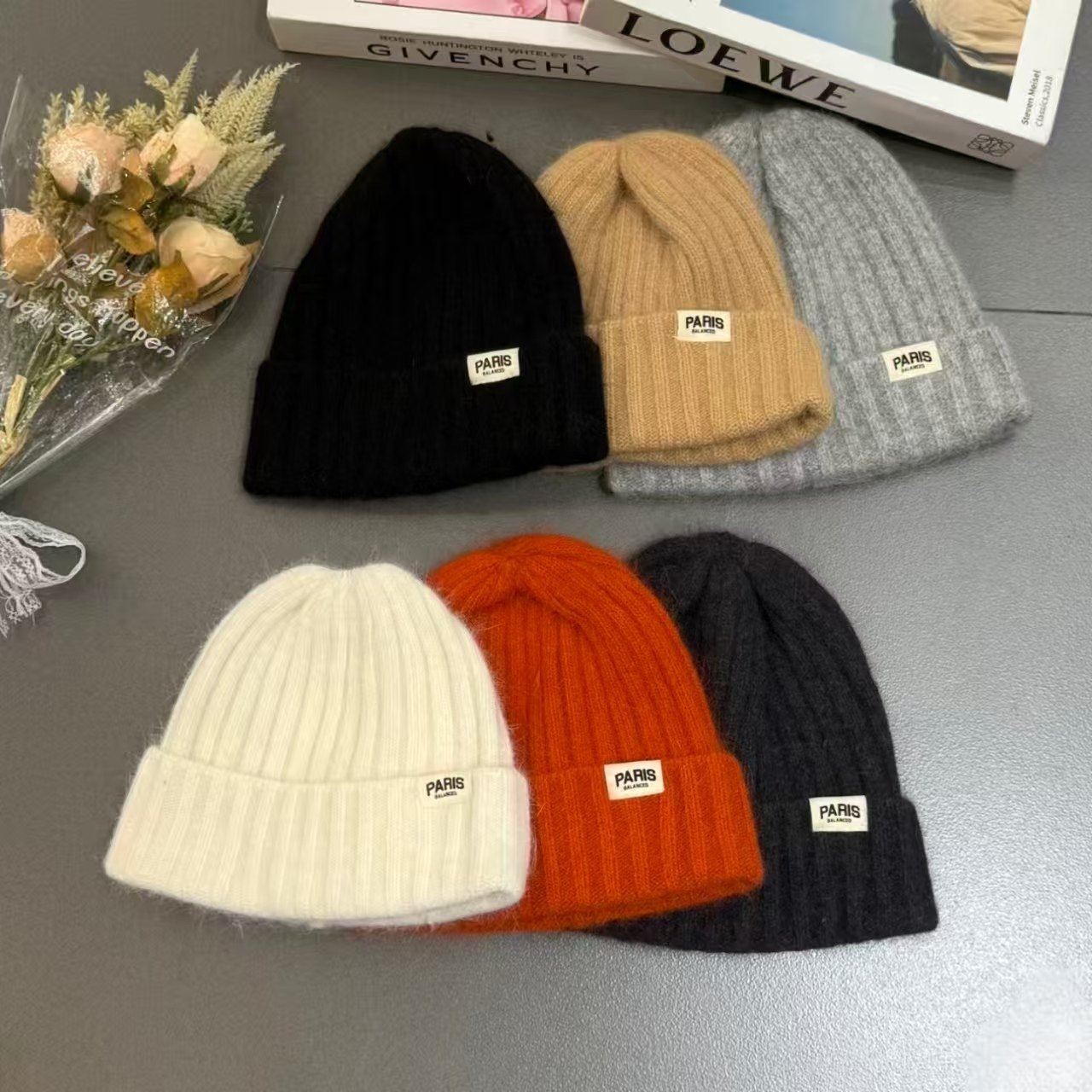 韩国代购保暖安哥拉兔毛针织帽Paris标冬季女毛线帽可翻下护耳帽