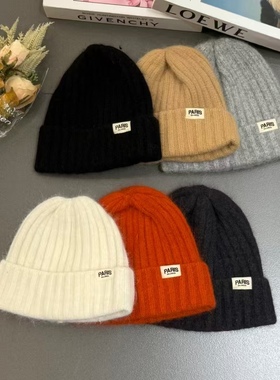 韩国代购保暖安哥拉兔毛针织帽Paris标冬季女毛线帽可翻下护耳帽