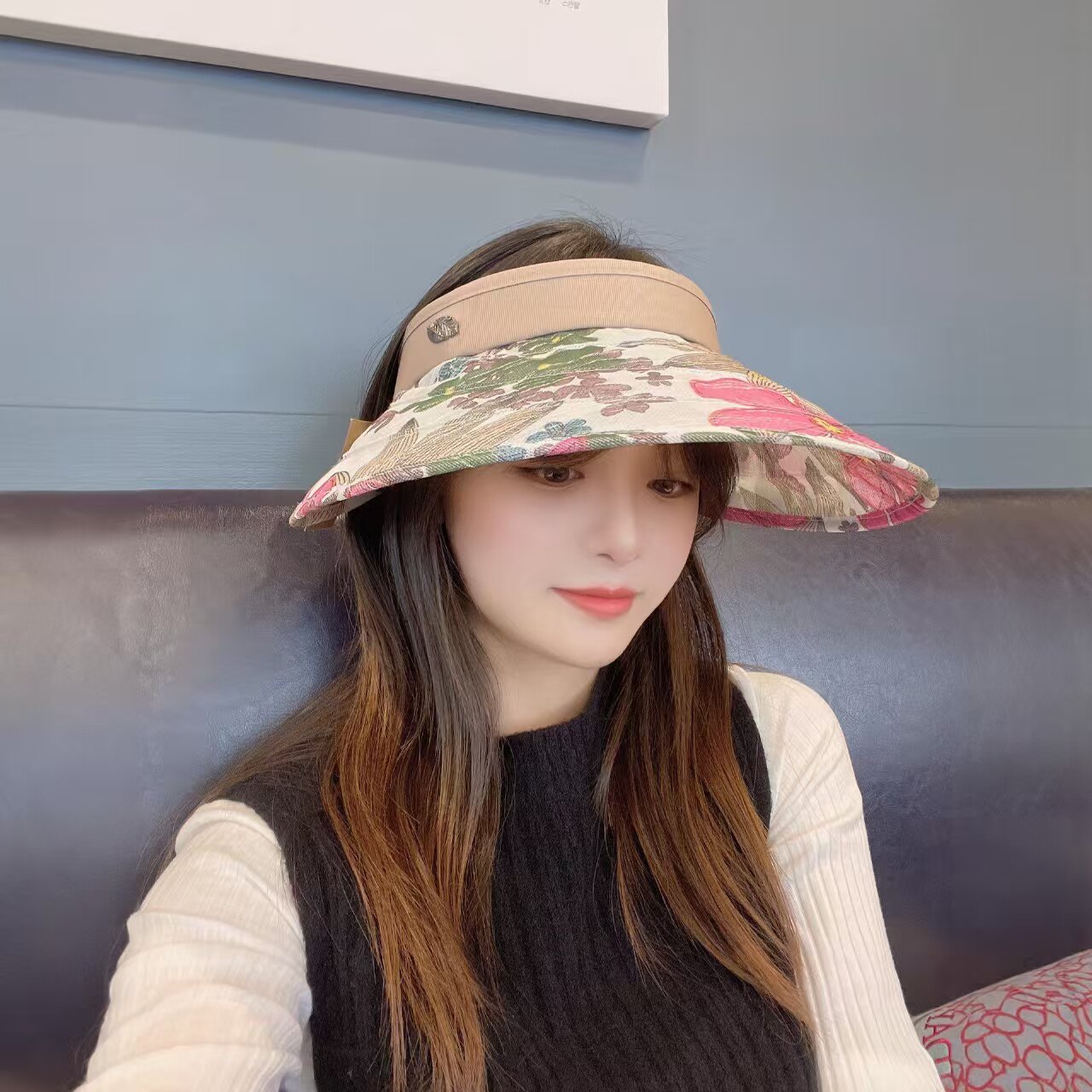 韩国代购大檐花朵透气遮阳帽夏季女防晒空顶帽显脸小度假发箍帽子