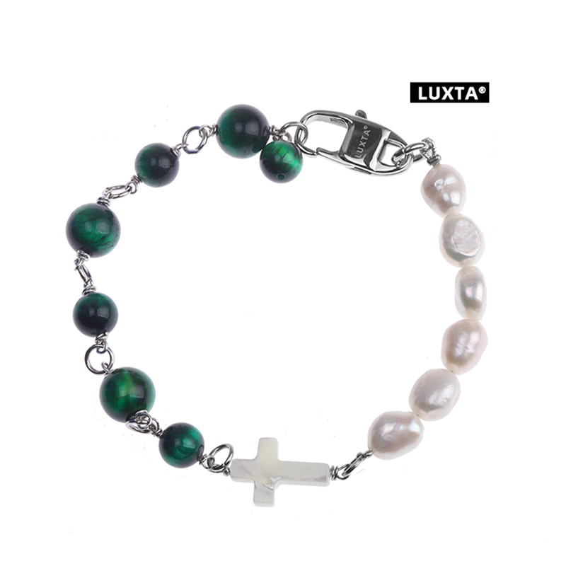 LUXTA珍珠虎眼石十字架嘻哈手链