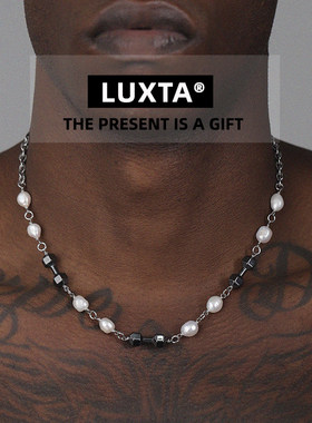 LUXTA原创 珍珠拼接项链嘻哈男 巴洛克珍珠健身黑哑铃锁骨链女潮