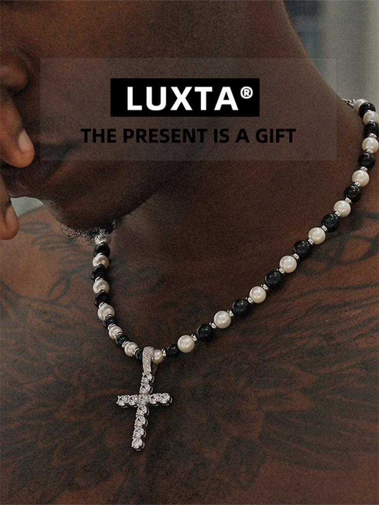 LUXTA 오리지널 진주 타이거 아이 스톤 크로스 금도금 목걸이 복고풍 유럽과 미국 남성과 여성 힙합 트렌드 힙합