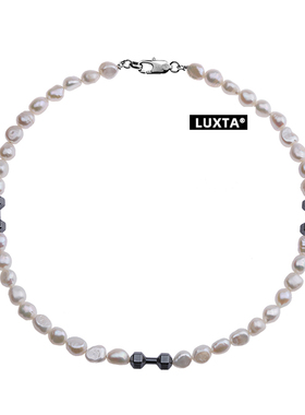 LUXTA原创 巴洛克异形珍珠项链男嘻哈女同款拼接亮黑石哑铃锁骨链