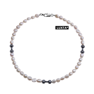LUXTA原创 巴洛克异形珍珠项链男嘻哈女同款拼接亮黑石哑铃锁骨链