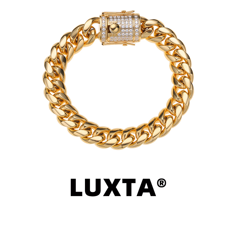 LUXTA男钛钢嘻哈古巴金色手链