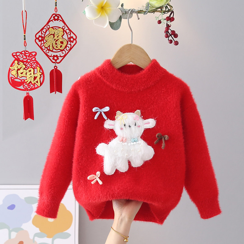 儿童红色毛衣小羊加厚圆领针织衫