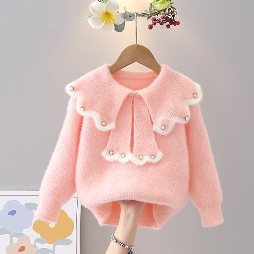 红色女童秋冬娃娃领毛衣不起球