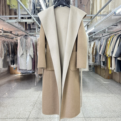 连帽拼色两面穿双面羊毛大衣女中长款25新款宽松直筒保暖毛呢外套