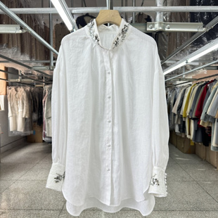 复古亚麻钉珠设计奢华衬衫女夏新款素洗工艺柔软清爽重工珠花衬衣