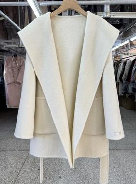 M家同款 连帽双面羊毛大衣女短款25秋冬新款宽松简约系带毛呢外