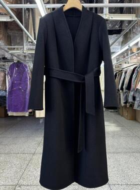 黑色系正肩立领双面羊绒大衣女长款秋冬新款修身系带职场毛呢外套