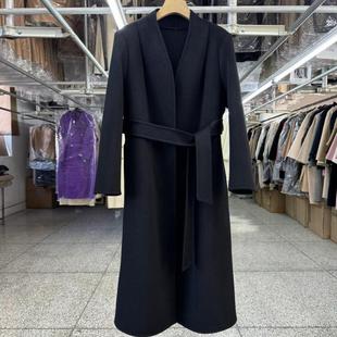黑色系正肩立领双面羊绒大衣女长款秋冬新款修身系带职场毛呢外套