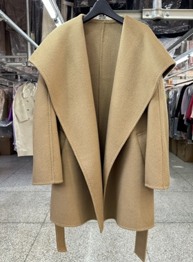 大翻领双面羊毛大衣女短款25年新款宽松翻领时尚系带明线毛呢外套