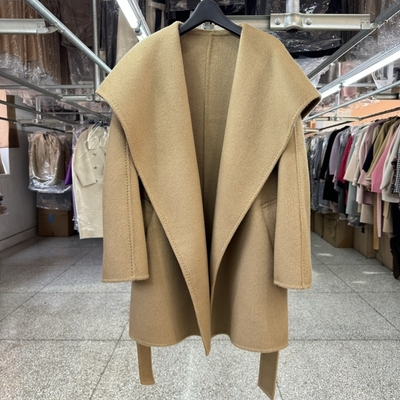 大翻领双面羊毛大衣女短款25年新款宽松翻领时尚系带明线毛呢外套