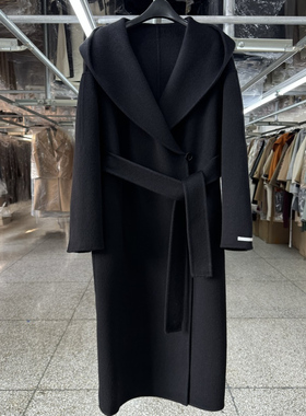 连帽黑色双面羊毛大衣女中长款25年秋冬新款简约宽松廓形毛呢外套