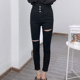 年度值得入店主自留怒推大长腿显瘦小脚裤 特黑色破洞高腰牛仔裤 女