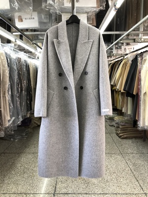 阿尔卡巴长毛双面羊毛大衣女中长款灰色新款韩版侧开叉双排扣外套