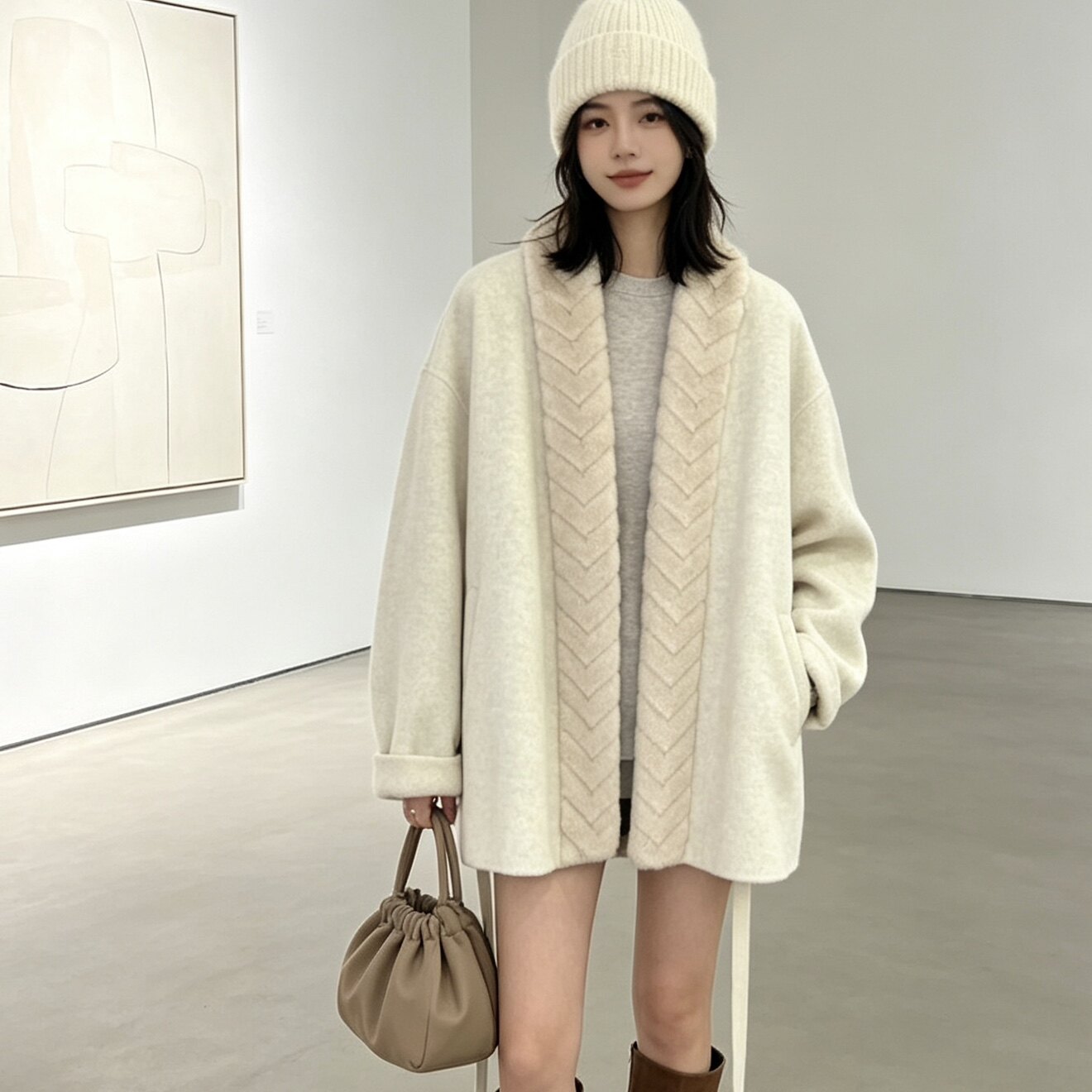 2026秋冬新款双面羊绒温柔风毛领系带宽松羊毛外套女 配腰带