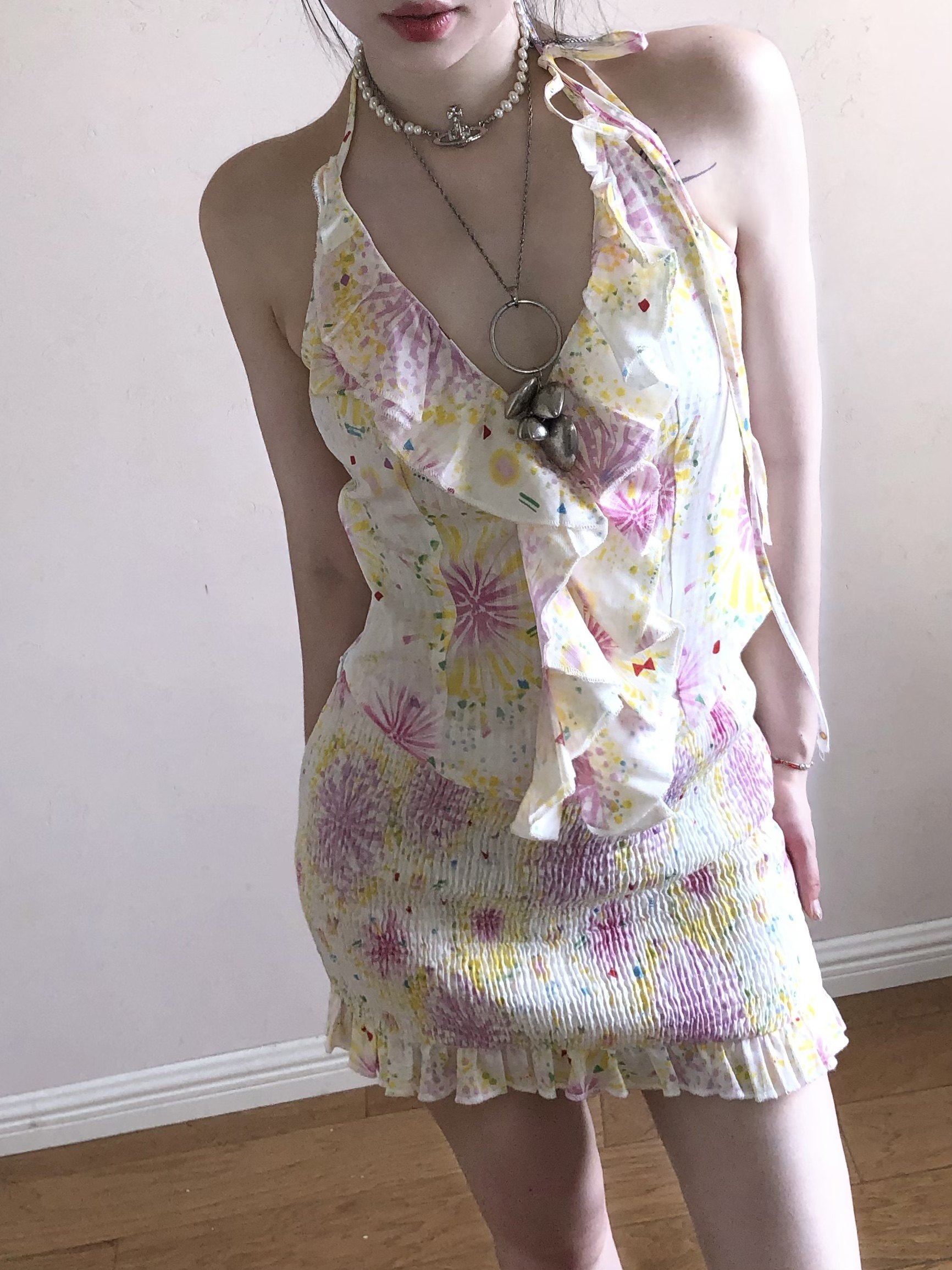 印花夏日烟火氛围感甜妹挂脖上衣