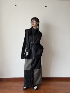 长裙撞色高开衩直筒裙 辣妹休闲工装 blue原创设计 2022AW复古美式