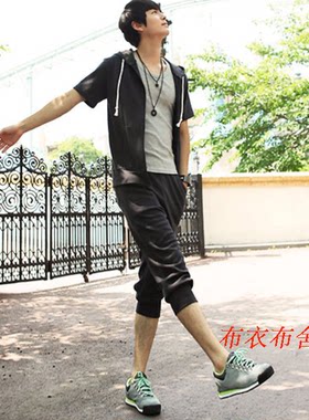 加肥加大码休闲风七分裤连帽卫衣