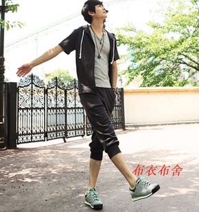 新款男士加肥加大码韩版休闲开衫短袖连帽卫衣纯棉七分裤运动套装