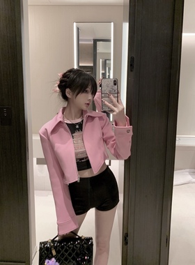 ROUGE DIAMOND RECTO 1:1/黑色粉色不规则下摆翻领拉链短西装外套