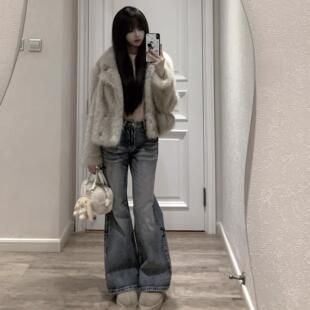 ROUGE DIAMOND韩女氛围/美式复古中低腰直筒微喇水洗牛仔裤