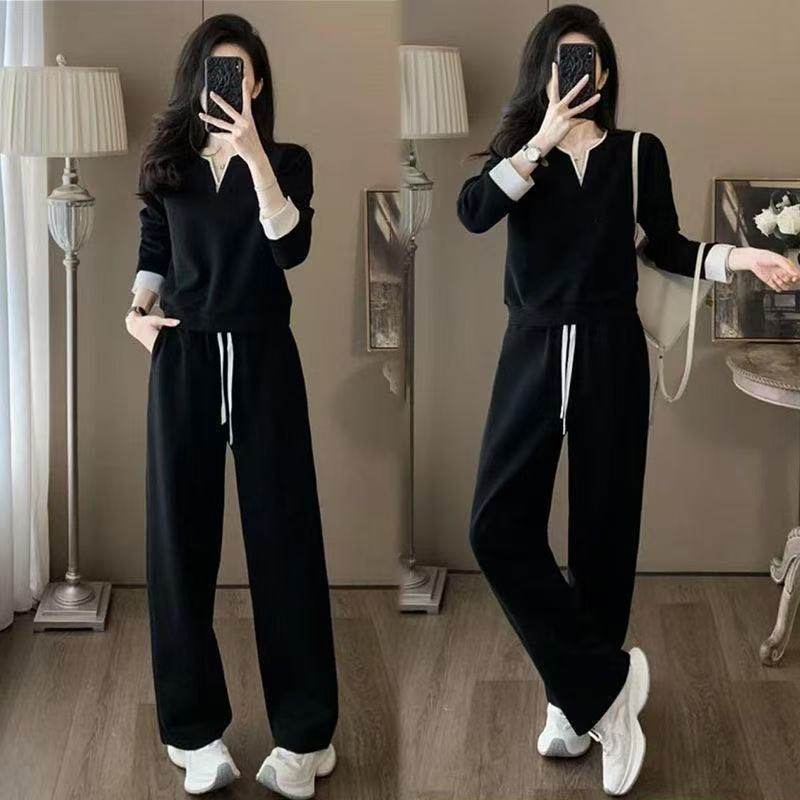 休闲运动服套装女春秋新款拼接V领卫衣显瘦气质阔腿裤减龄两件套,女装/女士精品,时尚套装,淘宝优惠券,粉丝福利购,淘宝优惠卷