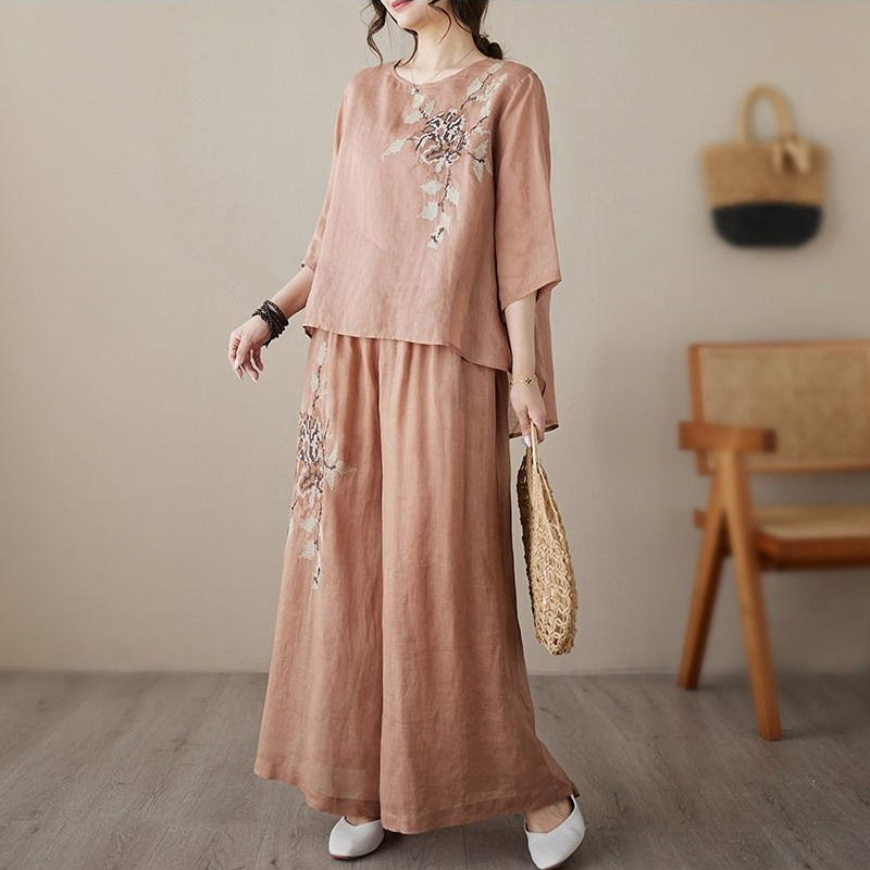 新中式棉麻刺绣套装女士2025夏季新款妈妈洋气时尚休闲上衣两件套