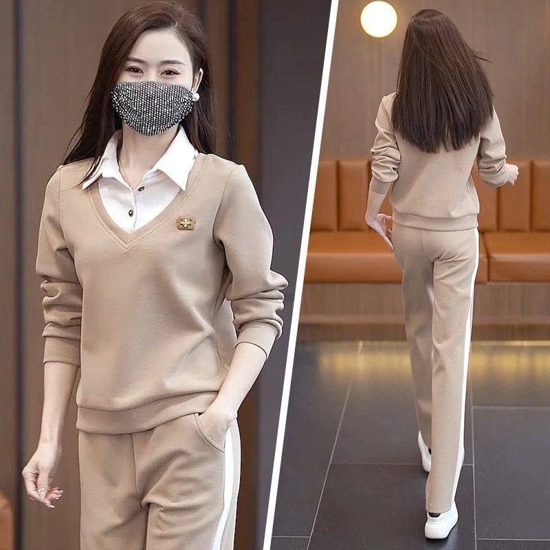 2026春秋季新款休闲套装女士长袖假两件宽松百搭显瘦直筒裤两件套