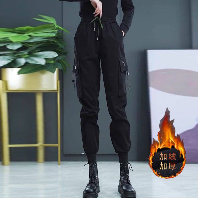 高腰工装裤女秋冬2025新款加绒休闲哈伦裤搭配马丁靴的束脚裤子女