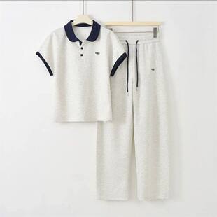 时尚拼色夏季2026新款翻领休闲运动服套装女洋气短袖显瘦两件套潮
