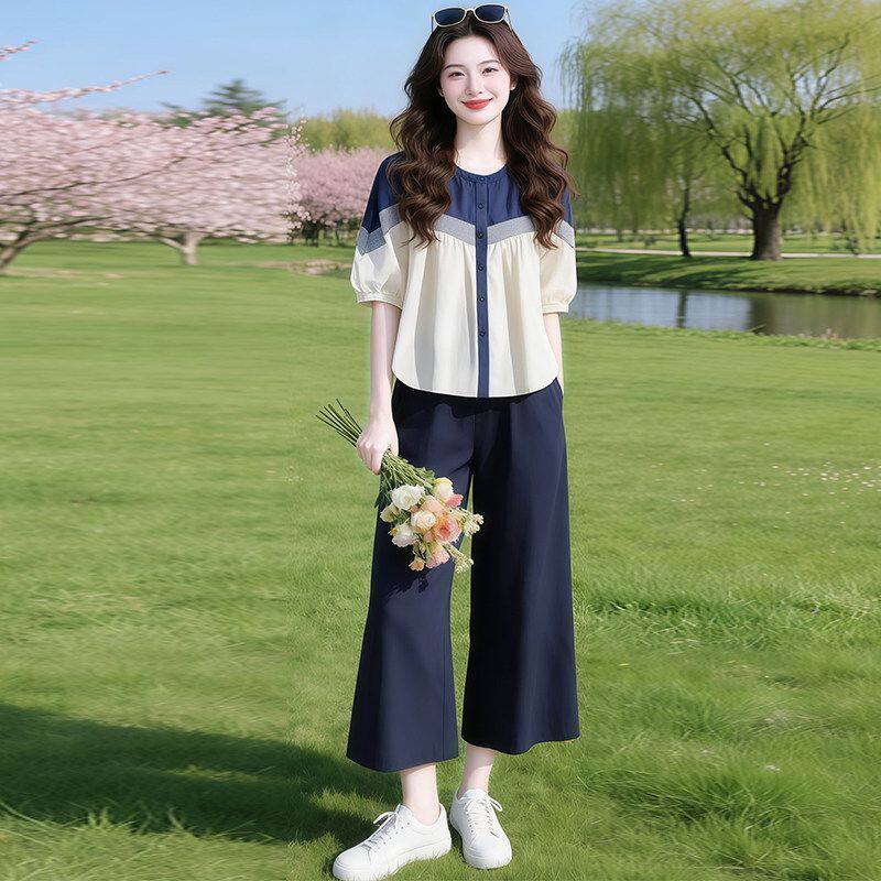 韩版撞色两件套女夏季宽松百搭五分短袖衬衫上衣+阔腿裤时尚套装
