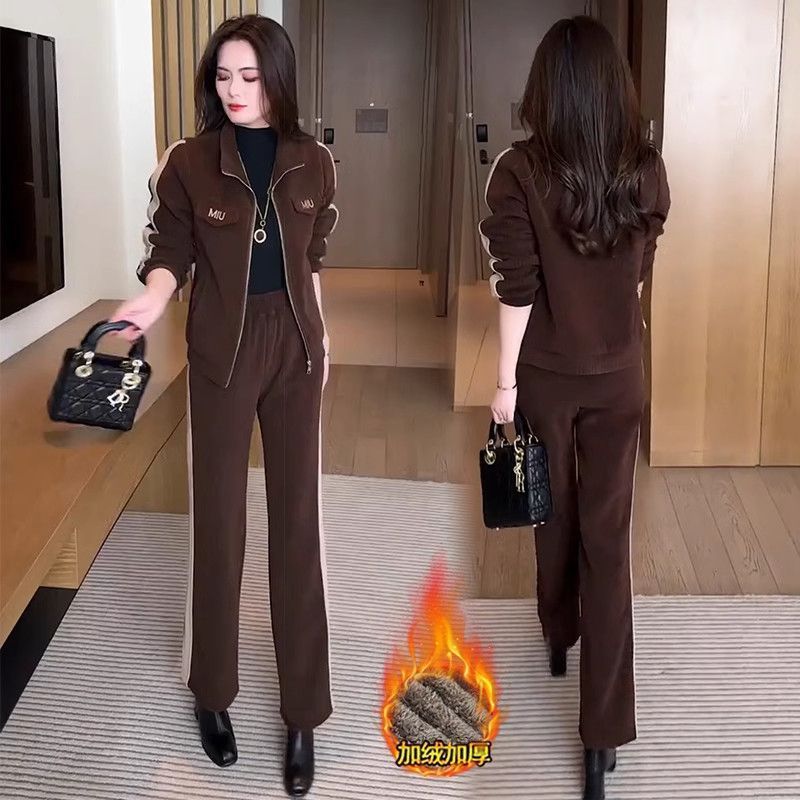 韩版时尚妈妈装加绒保暖运动服套装2025秋冬季新款大码宽松两件套